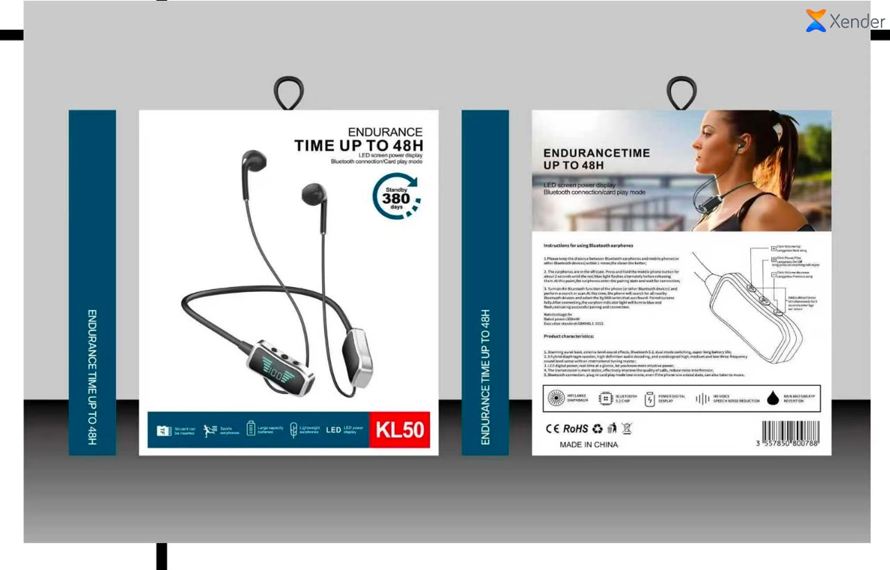 Écouteurs sport KL50 Bluetooth 48H avec affichage LED boîte bleue
