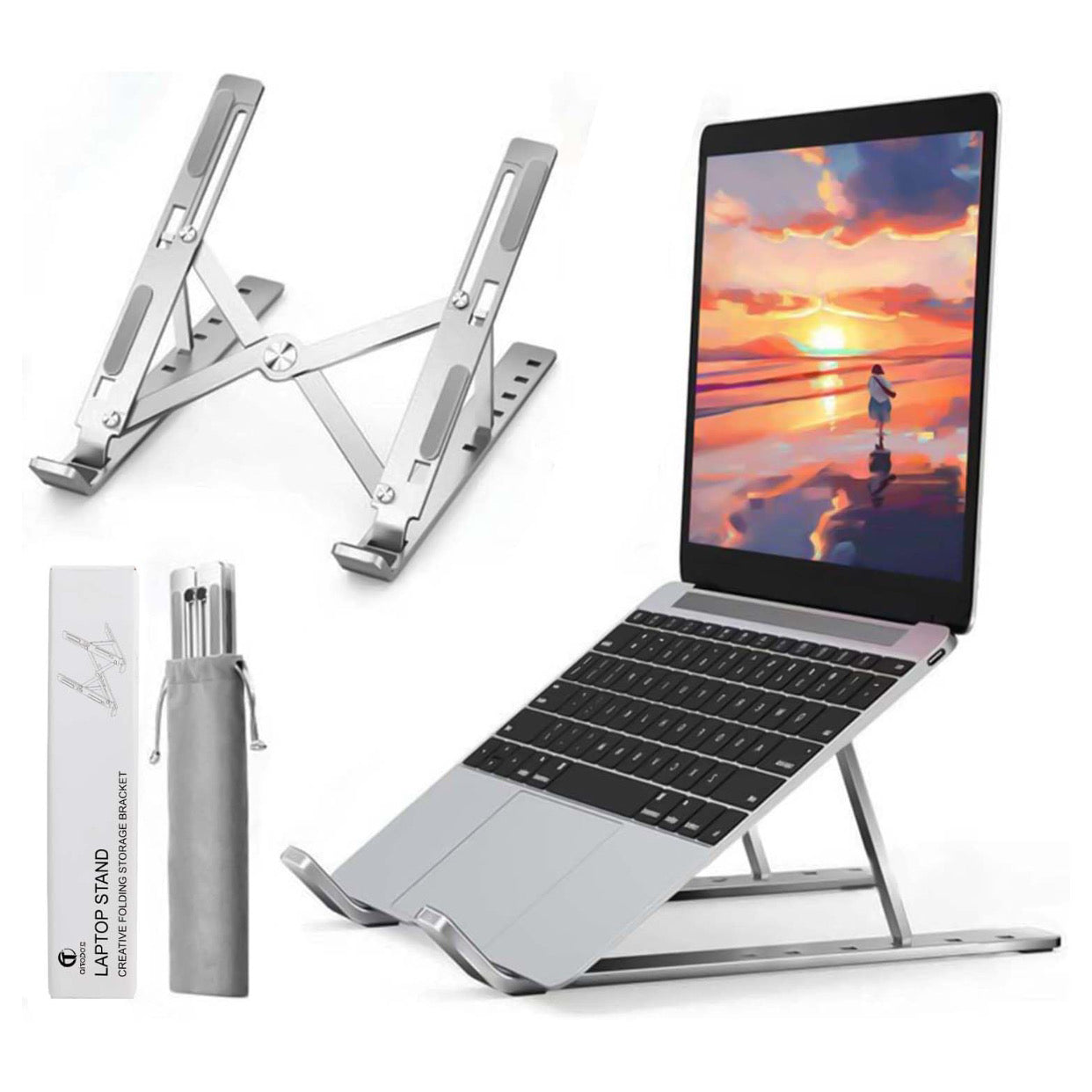 Support laptop pliable en aluminium argent avec pochette de rangement