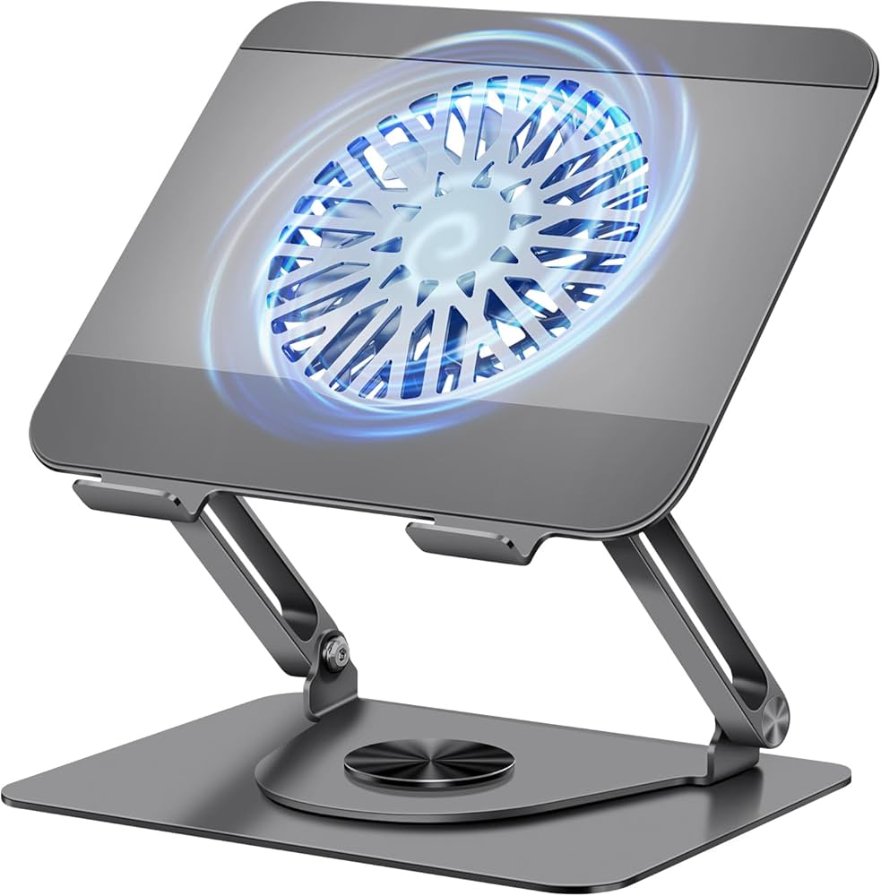 Support laptop rotatif aluminium gris avec ventilateur LED bleu